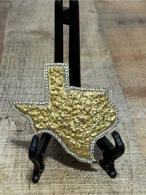 Glam ALEXIS KIRK TEXAS State rhinestone  Textured Gold Metal Belt Buckle Vintage